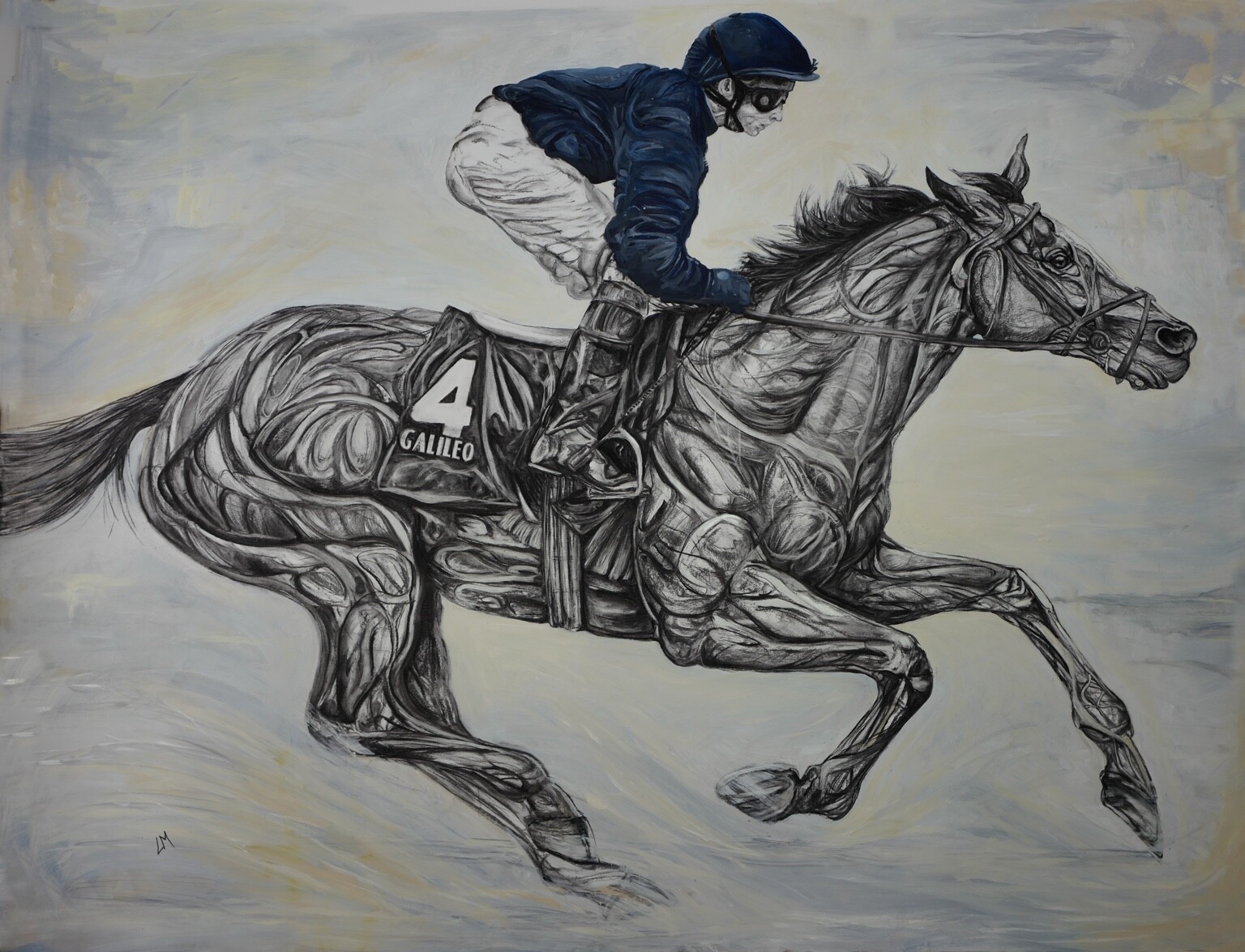 Lucy Mohr's artwork of Galileo winning The Derby, ridden by Michael Kinane