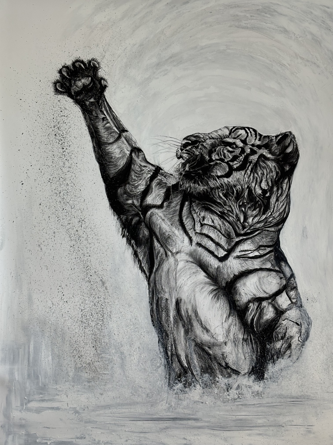 Expressive charcoal study of a tiger rising through movement