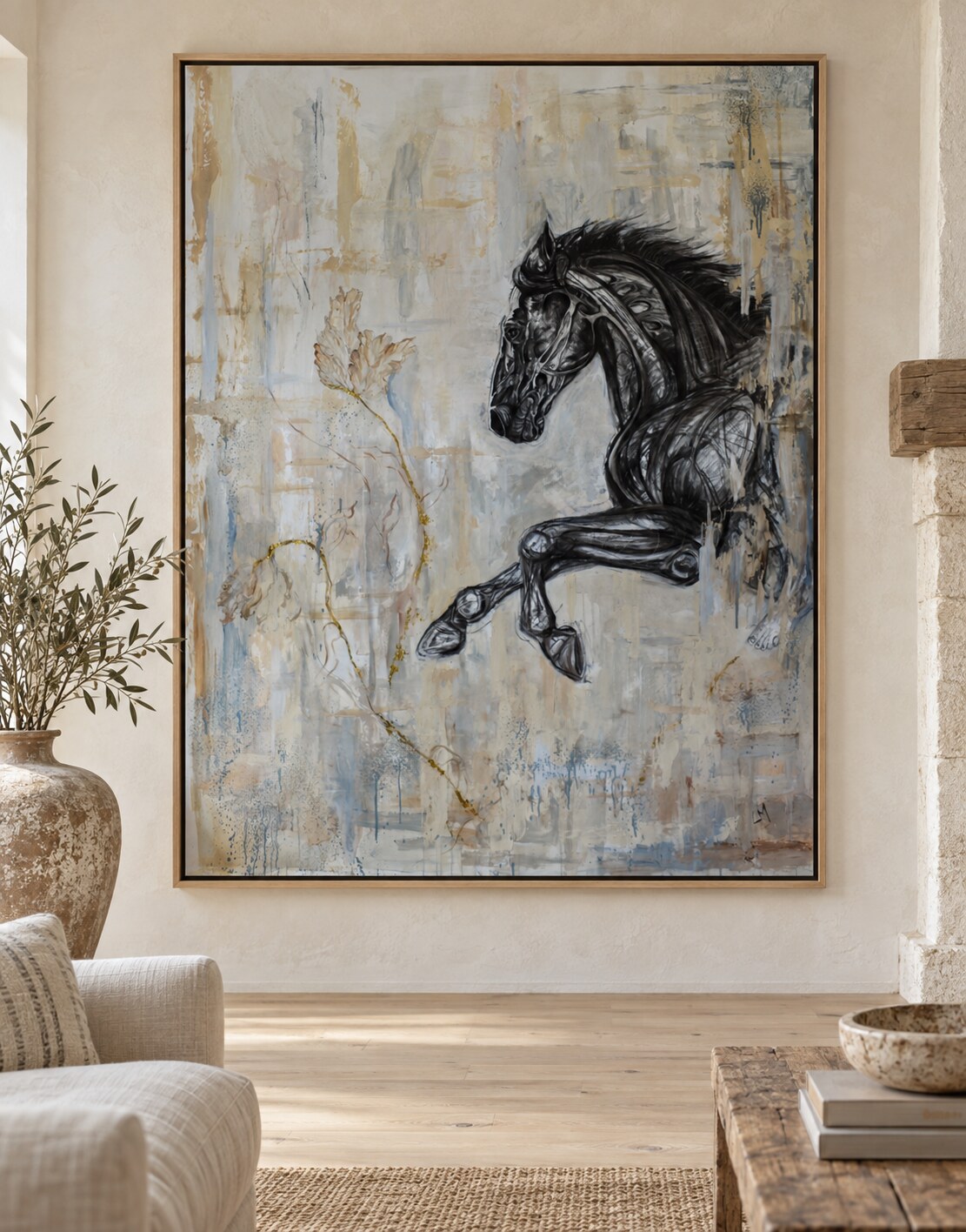 Winnie, a large-scale equestrian artwork by Lucy Mohr, displayed in an interior